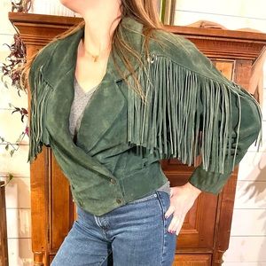 100% leather Forrest green fringe jacket is made by Charles Klein Made in 90s